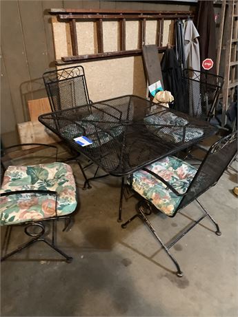 Wrought Iron Outdoor Metal Patio Set - Table - 4 Chairs - Cushions