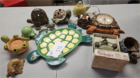 Mixed Turtle Lot: Wall Clock / Candle Holder / Figurines & More