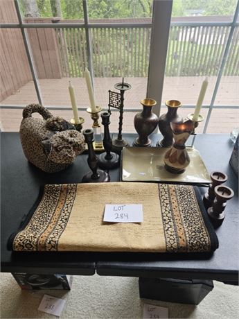 Mixed Decor Lot: Wood Candlestick / Brass & Glass Candlesticks / Vases & More