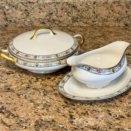 C. 1930's Limoges France Elite Covered Serving Dish and Gravy Boat
