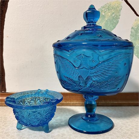 Aqua Blue Covered Glass Candy Dish & Small LE Smith Bowl