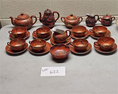 Antique Cinnabar Color Asian Tea Set - 20+ Pieces