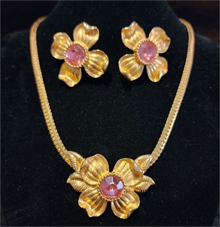 Vintage Trifari Gold Tone Dogwood Flower~Necklace/Earrings