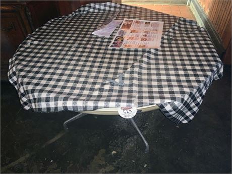 Round Masonite Dining Table W/Gingham Tablecloth