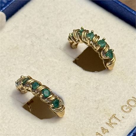 14k Gold Emerald Birthstone Hoop Earrings - 2.20g