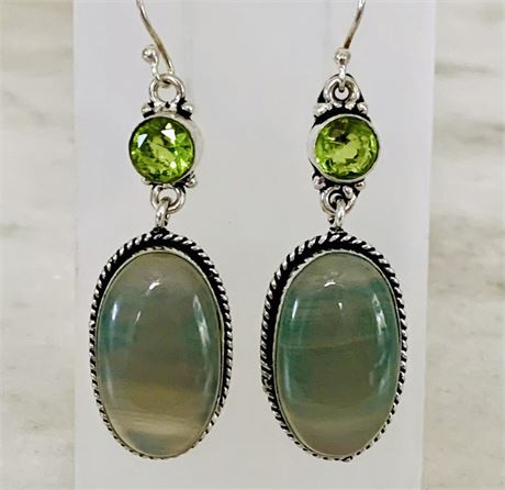 Artisan Sterling Silver Large Moonstone & Peridot Dangle Earrings