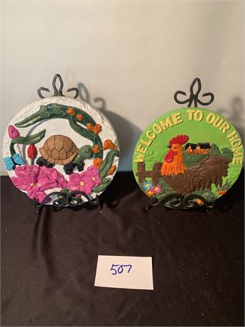 Garden Stones Decor Plates With Metal Stand Lot of 2