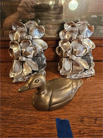 May Co. Metal Dogwood Book Ends & Brass Duck