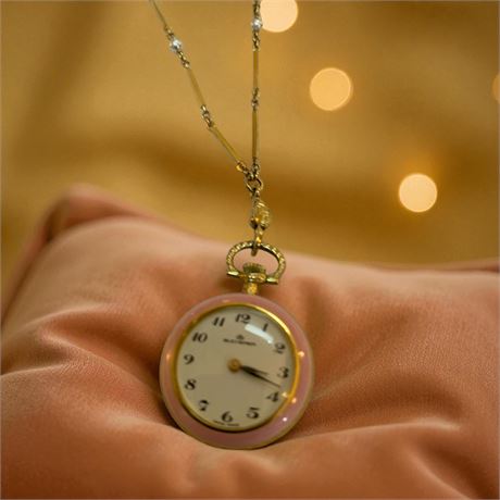 Bucherer Ladys Pendant Watch With/Pink Enamel Case On Gold Tone Chain