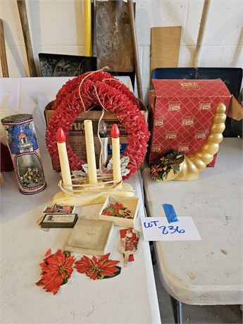 Vintage Christmas Lot: Wreaths / Penn Candle / X-MAS Seals & More