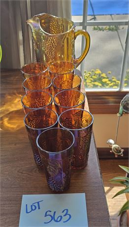 Indiana Glass Amber Grape Pitcher with 9 Glasses