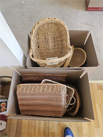 Two Boxes Of Mixed Wicker Baskets- Size, Color & Style Vary