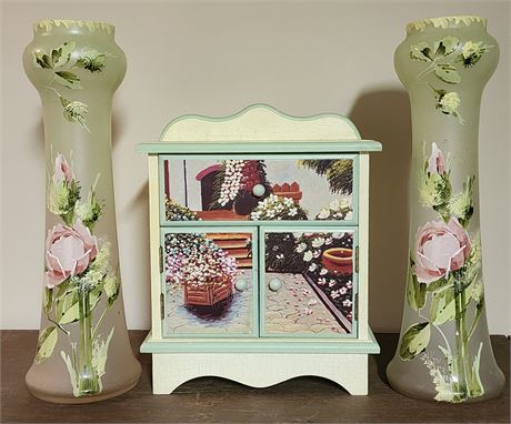 Glass Hand Painted Vase Set and Wooden House Decor