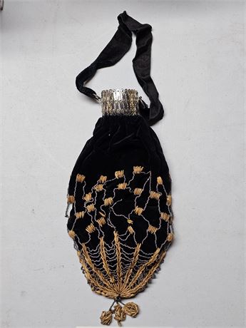 Victorian Women's Reticule Accessories Purse -Velvet/Seeds & Bead- Satin Handle