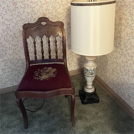 Antique Needlepoint Chair and Old Hand Painted Lamp