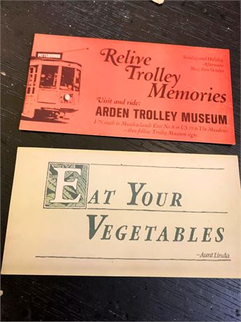 Cardboard Advertising Arden Trolley Museum PA & Eat Your Vegetables