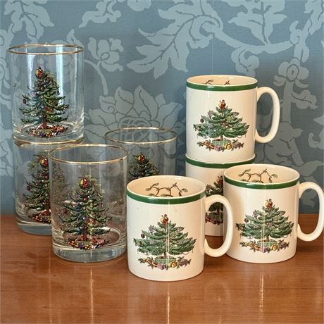 Spode Christmas Tree Mugs and Low Ball Glasses - 4 of Each