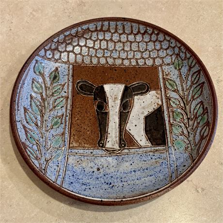 Signed David Stewart Art Pottery Cow Motif Plate, 10 1/8"