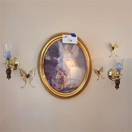 Homco Oval Angel Art / Wall Sconces & Brass Butterflies