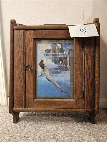 Antique Wood Medicine Cabinet w/Maxfield Parrish Inserted Cut Print