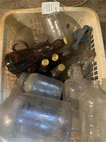 Basket of Collectible Glass Bottles & Jugs - Mrs Butterworth & More