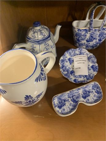 Blue/White China Lot - Rose Pattern Porcelain Purse, Asian Teapot & More