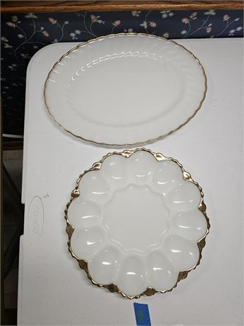 Anchor Hocking Gold Trim Swirl Platter & Gold Trim Egg Platter