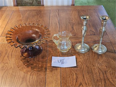 Amber Bubble Glass Footed Compote/Amber Glass Creamer & Brass Candlesticks