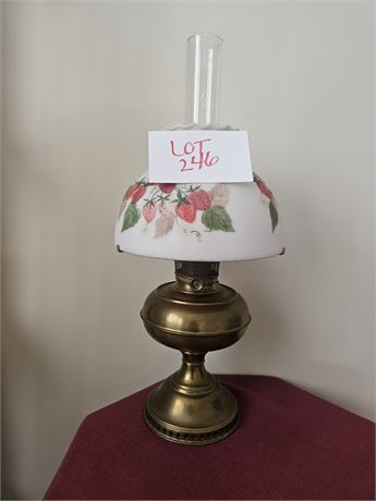 Brass Electrified Oil Lamp w/ HP Strawberry Glass Shade