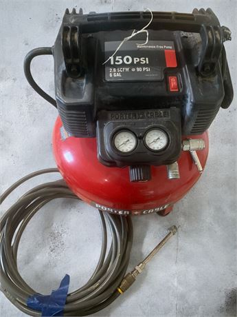 6 Gallon Porter Cable Air Compressor 150 PSI 2.6 SCFM@90 PSI With Air Hoses
