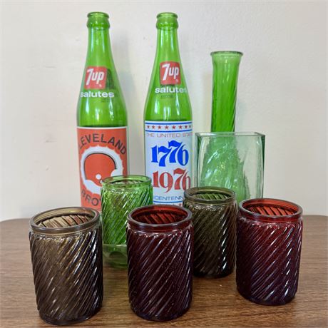 Mixed Colored Glass w/ 1970's 7-Up Bottles, Vintage Glass Votive Holders