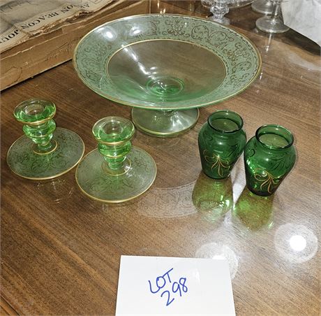 Cambridge Green Depression Vranivne Centerpiece Bowl & Candle Holders