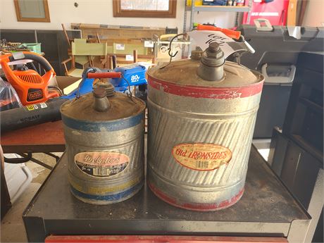 Vintage Gasoline Metal Gans - Old Ironside 5 Gal & Delphos 2 Gal Can