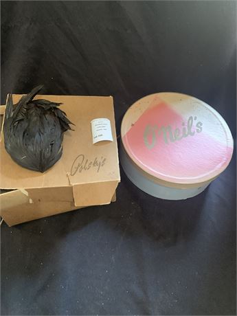 Pink Floral Del Bene Hat & Black Feather Hat With Polsky's & O'Neils Boxes