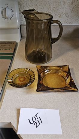 Indiana Glass Optic Swirl Smokey Brown Pitcher De Webb Hotel Ashtray & More