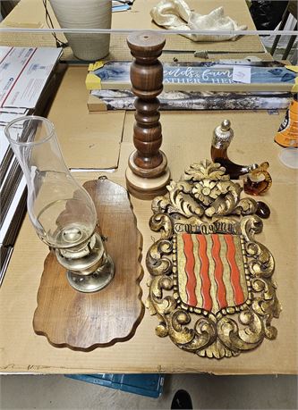 Mixed Decor Lot: Lantern, Wood Candle Holder, Carved Wood Coat Of Arms & More