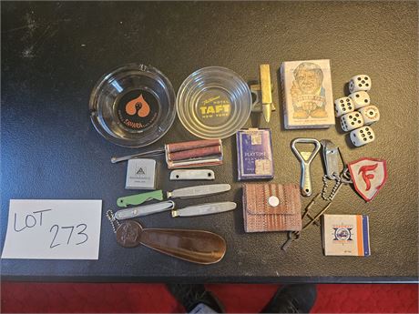 Mixed Collectible Lot: Hotel Taft/Sahara/Firestone Patch/Dice/Cards & More