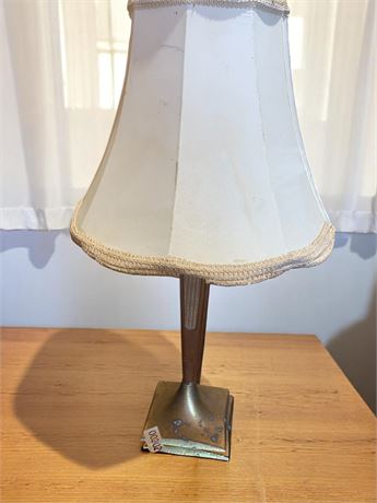 Vintage MCM Wood & Brass Lamp With White Shade
