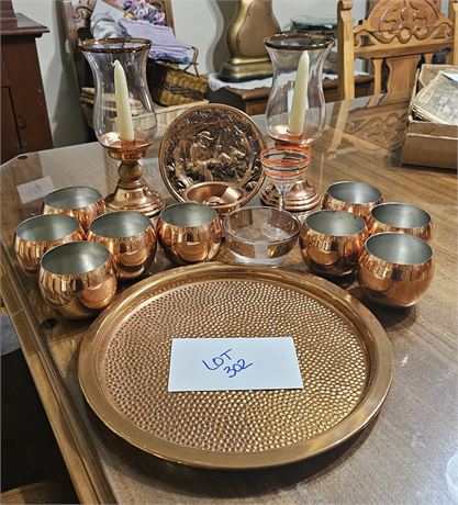 Mixed Copper Decor Lot - Candle Holders, Tumblers, Tray & More