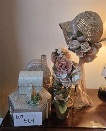 Decor Lot - Faux Floral, Storage Box, Hat Rack & More