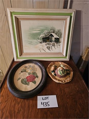 Hand Painted On Canvas Winter Barn, Bouquet Oval Print, And Chalkware Wall Hangi
