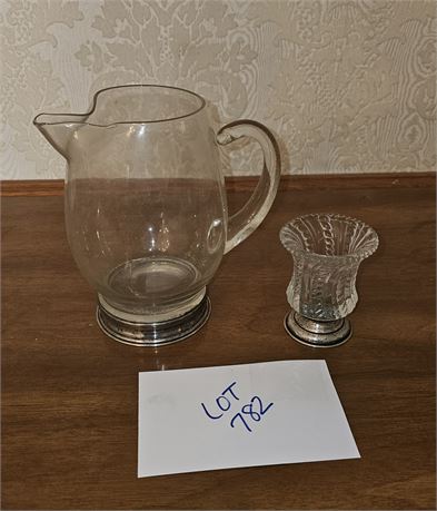 Footed Sterling & Glass Toothpick Holder & Sterling Footed Glass Pitcher