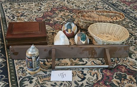 Mixed Decor- Wood Trinket Box, Ceramic Ducks, Baskets & More