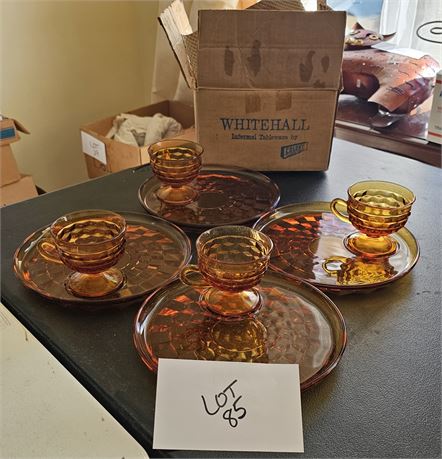 Whitehall Colony Glass Amber Luncheon Plates & Footed Mugs