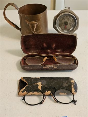 Mixed Vintage Lot: Taylor Thermometer/Bill Dozer Copper Cup & Antique Glasses