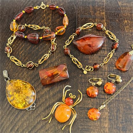 Collection of Mixed Amber Jewelry w/ Several GF, Sterling Pendant, & Brooches