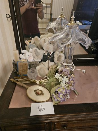Mixed Decor Lot: Faux Floral / Plush / Crystal Lamp & More