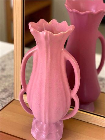 RumRill Pink Art Pottery Vase W/Tulip Shape, Two Handles & Crackle Glaze Finish