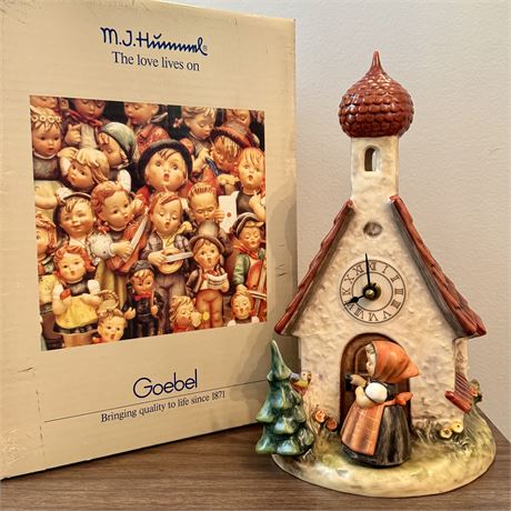 Goebel Hummel 1984 Chapel Time Clock with Mirrored Display Case & Box - 11"T