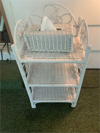 White Wicker 3 Tier Storage Or Display Shelf and White Wicker Kleenex Cover